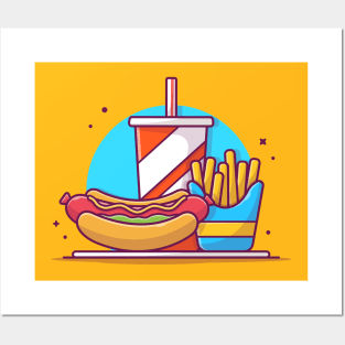 Hotdog, French fries And Soft Drink Cartoon Vector Icon Illustration Posters and Art